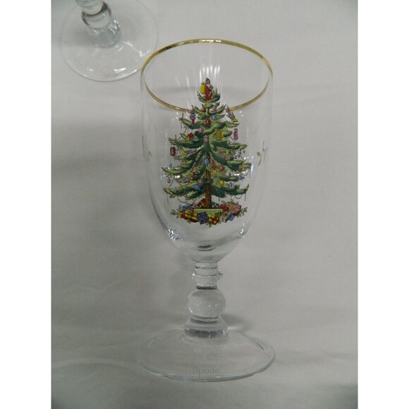 Spode Christmas Tree Goblet Set Of 3 Gold Rim 7" Footed Vintage Holiday Glasses - Picture 7 of 14
